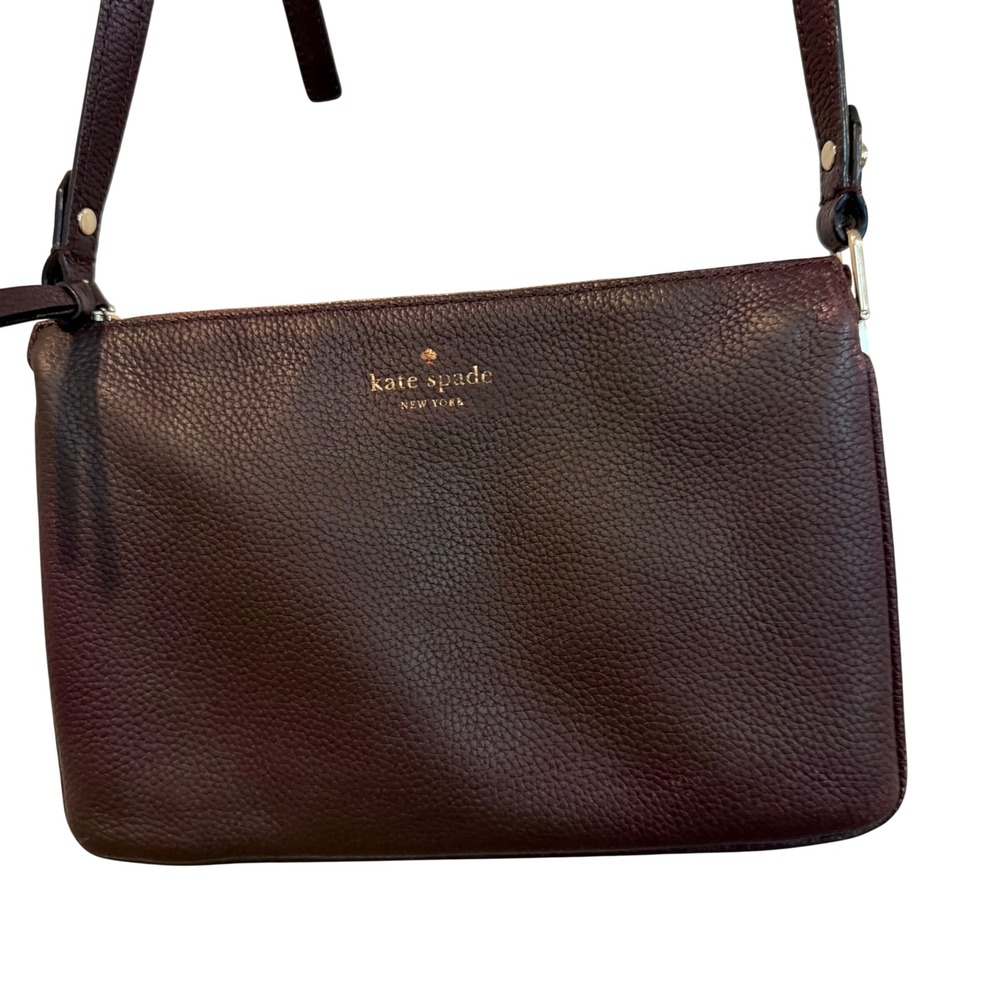 Kate Spade Crossbody Bag Small Burgundy Brown Pebbled Leather Gold Logo Strap